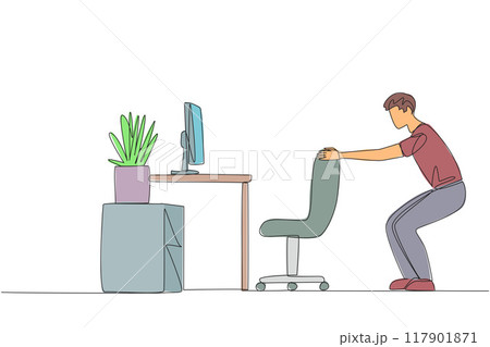 Single continuous line drawing man stands with a slight bend and both hands hold the top of chair. Overtime on weekends. Work and doing light exercise at same time. One line design vector illustration 117901871