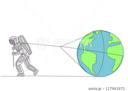 Continuous one line drawing astronaut struggled to pull globe. Earth is always peaceful and beautiful is anyone's dream. Cosmonauts guard it from damage. Single line draw design vector illustration Continuous one line drawing astronaut struggled to pull globe. Earth is always peaceful and beautiful is anyone's dream. Cosmonauts guard it from damage. Single line draw design vector illustration 117901872