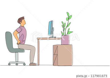 Continuous one line drawing man sitting in a work chair with hands holding his waist. Stretch body and mind. Work overtime on weekends. Relax for a moment. Single line draw design vector illustration 117901873