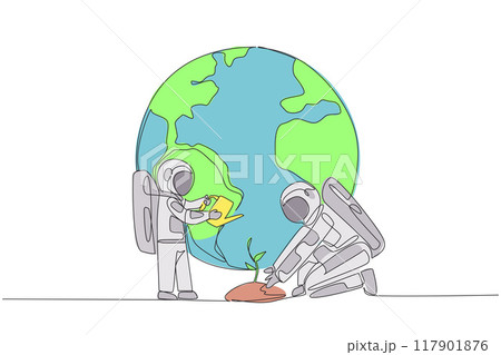 Single one line drawing little astronaut standing watering the plants. A special lesson to love the earth. Teach from an early age. Cosmonaut save planet. Continuous line design graphic illustration Single one line drawing little astronaut standing watering the plants. A special lesson to love the earth. Teach from an early age. Cosmonaut save planet. Continuous line design graphic illustration 117901876