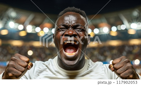 Soccer player screaming goal celebrating with fans in background 117902053
