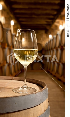 Glass of white wine standing on a barrel in a wine cellar 117902062