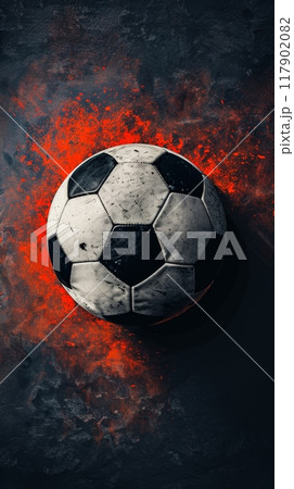 Old worn out soccer ball resting on grunge background with red explosions 117902082