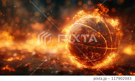 Basketball is burning in a fiery scene 117902083