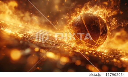 Basketball on fire leaving a blazing trail on the asphalt 117902084