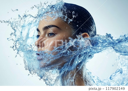 Beautiful woman surrounded by splashing water for beauty concept Beautiful woman surrounded by splashing water for beauty concept 117902149