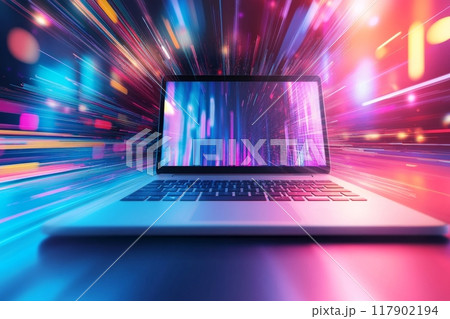Laptop showing futuristic data flowing at high speed in city at night 117902194