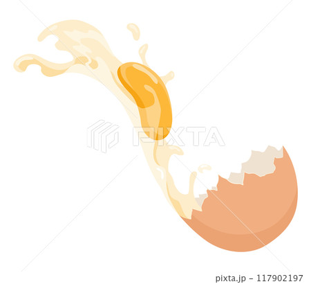 Cracked egg with yolk. Baking or cooking ingredient. Eggshell and protein. Healthy organic food. Diet with raw and broken product. Vector cartoon food 117902197