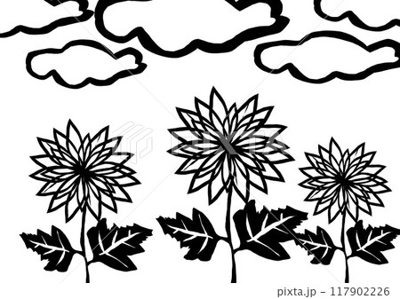 和柄調＆切り絵＆影絵調の白黒の華と雲イラスト 117902226