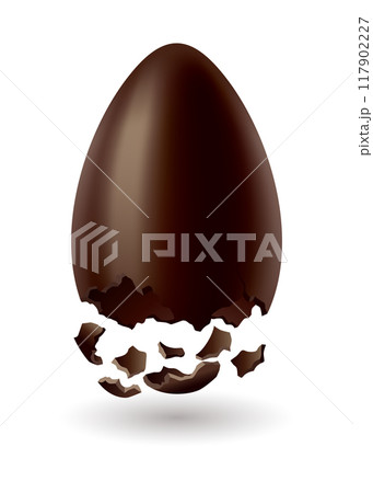 Chocolate egg. Broken, exploded eggshell. Kids confectionery, candy with surprise. Restaurant, cafe menu design. Vector dessert made of dark cocoa 117902227