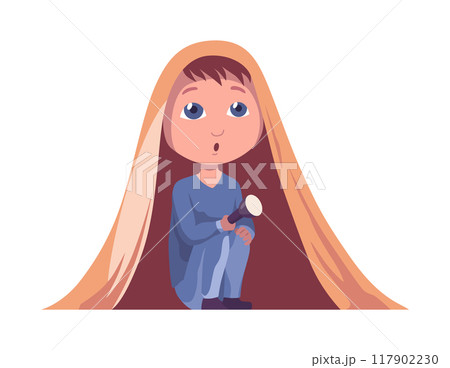 Childhood fears nightmares. Girl in room. Scared children sitting on bed under blanket. Cartoon character isolated on white background. Vector illustration Childhood fears nightmares. Girl in room. Scared children sitting on bed under blanket. Cartoon character isolated on white background. Vector illustration 117902230