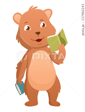 Baby animal reading book. Cute cartoon animal. Smart funny character studying literature. Hand drawn vector illustration 117902241