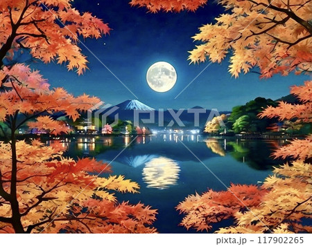 紅葉から覗く富士山と満月 紅葉から覗く富士山と満月 117902265