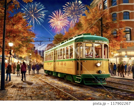 路面電車が走る秋の街と花火 路面電車が走る秋の街と花火 117902267