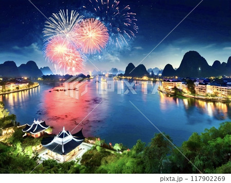 中国の自然都市と花火 117902269
