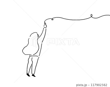 チョークで線をひく女性の後ろ姿、線画 117902382