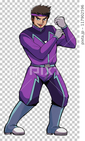 Illustration of a male member of a retro anime superhero team boasting his strength Illustration of a male member of a retro anime superhero team boasting his strength 117902596