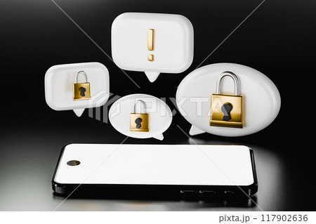 3D render of mobile phone and chats with padlocks 3D render of mobile phone and chats with padlocks 117902636