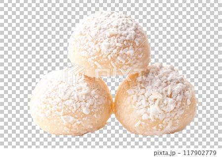 Snowball cookie or lemon almond meringue cookies dusted with powdered sugar isolated on white transparent background. Snowball cookie or lemon almond meringue cookies dusted with powdered sugar isolated on white transparent background. 117902779