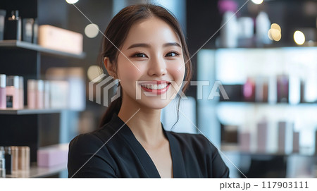 化粧品店で笑顔を見せる女性スタッフ 117903111