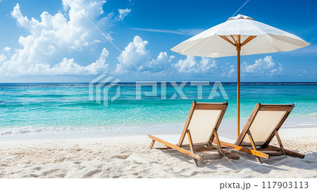 青い海と白い砂浜のビーチチェア 青い海と白い砂浜のビーチチェア 117903113