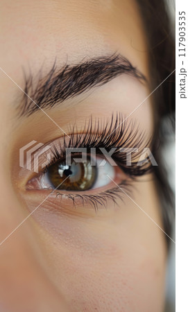 Close-up of a Woman's Eye with Lush Eyelashes 117903535