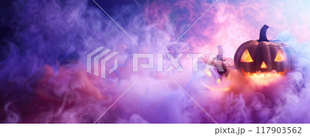 Jack-o'-Lanterns in Misty Purple Fog 117903562