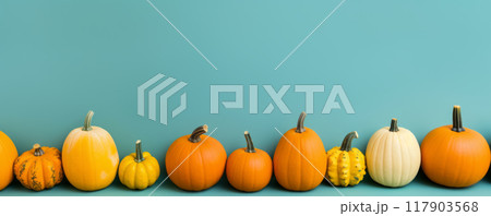 Colorful Pumpkins and Autumn Leaves on Light Blue Background banner 117903568