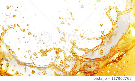 Golden beer splashing with dynamic motion and bubbles against a white background, showcasing the energy and effervescence of a fresh pour 117903769