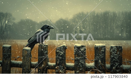 A raven sits on a fence on a gloomy winter day against a stormy sky. 117903840