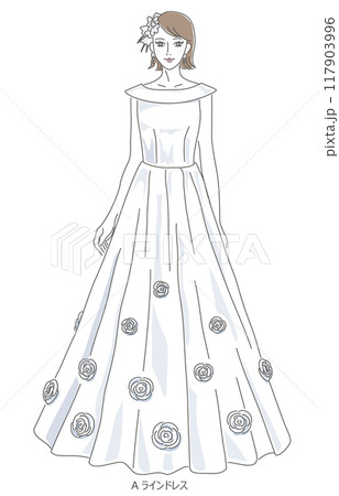 Aラインのウェディングドレスを着た女性のイラスト 117903996