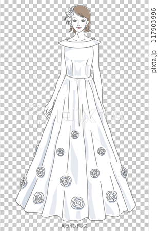 Illustration of a woman wearing an A-line wedding dress 117903996