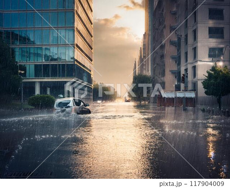 冠水した都市部の道路 冠水した都市部の道路 117904009