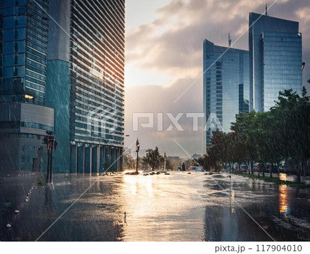 冠水した都市部の道路 117904010
