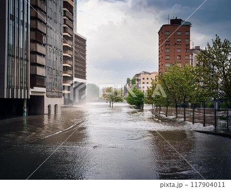 冠水した都市部の道路 冠水した都市部の道路 117904011