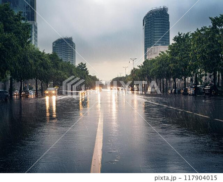 冠水した都市部の道路 117904015