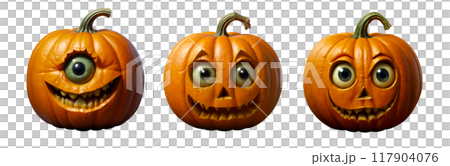 A set of creepy pumpkin on white isolated background. The main symbol of Halloween holiday. Orange pumpkin with facial expression. Design for the holiday Halloween.Digital illustration 117904076