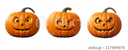A set of creepy pumpkin on white isolated background. The main symbol of Halloween holiday. Orange pumpkin with facial expression. Design for the holiday Halloween.Digital illustration 117904078