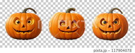 A set of creepy pumpkin on white isolated background. The main symbol of Halloween holiday. Orange pumpkin with facial expression. Design for the holiday Halloween.Digital illustration 117904078