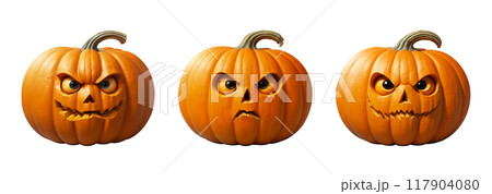 A set of creepy pumpkin on white isolated background. The main symbol of Halloween holiday. Orange pumpkin with facial expression. Design for the holiday Halloween.Digital illustration 117904080