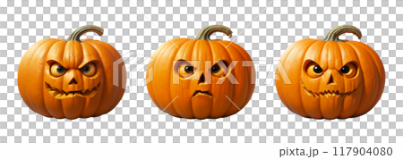A set of creepy pumpkin on white isolated background. The main symbol of Halloween holiday. Orange pumpkin with facial expression. Design for the holiday Halloween.Digital illustration 117904080