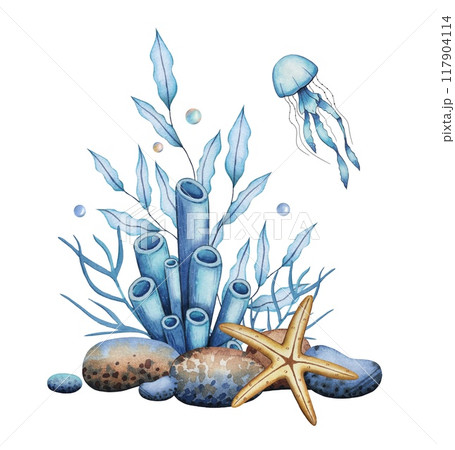 Sea composition with corals, stones, starfish, jellyfish. Underwater world.Watercolor illustration 117904114