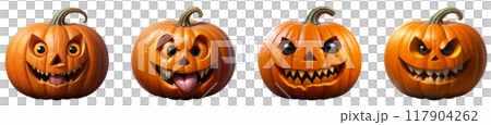 A set of creepy pumpkin on white isolated background. The main symbol of Halloween holiday. Orange pumpkin with facial expression. Design for the holiday Halloween.Digital illustration 117904262