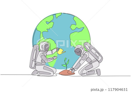 Single one line drawing astronaut holds mound of earth and the others waters plants. Team cohesiveness must be maintained. Cosmonaut loves earth. Nature. Continuous line design graphic illustration 117904631