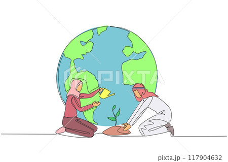 Single continuous line drawing Arabian man holds mound of earth while Arabian woman waters plants. Always work together to protect the earth. For better the earth. One line design vector illustration 117904632