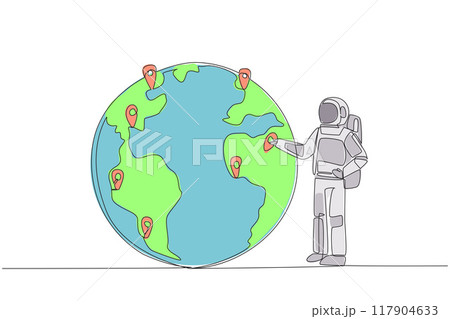 Continuous one line drawing astronaut places a pin location point on surface of globe. Mapping from space areas whose sustainability is urgently needed. Single line draw design vector illustration Continuous one line drawing astronaut places a pin location point on surface of globe. Mapping from space areas whose sustainability is urgently needed. Single line draw design vector illustration 117904633