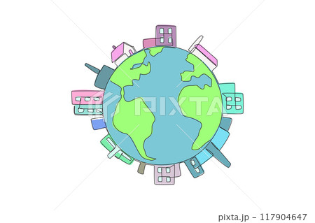 Continuous one line drawing buildings surround edge of the globe. Industrial area. Mostly there is pollution. Take care of the earth as best as possible. Single line draw design vector illustration 117904647
