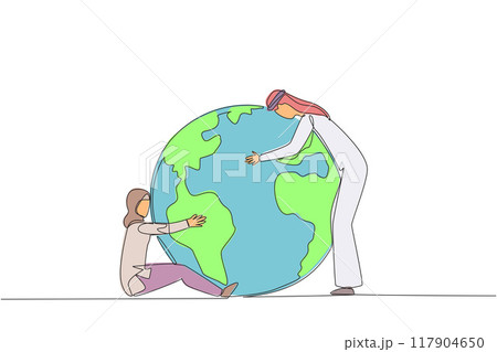 Single continuous line drawing Arab man and Arab woman hugging the globe in their own style. Protect the earth. Love the earth. Environmental care. For better air. One line design vector illustration 117904650