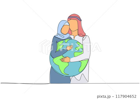 Single one line drawing Arab man and Arab woman hug each other. They both hug the globe. Passion to keep the earth green. Keep away from the pollution. Continuous line design graphic illustration Single one line drawing Arab man and Arab woman hug each other. They both hug the globe. Passion to keep the earth green. Keep away from the pollution. Continuous line design graphic illustration 117904652