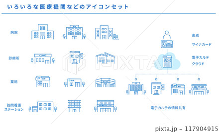 いろいろな医療機関などのシンプルアイコンセット素材、ベクター いろいろな医療機関などのシンプルアイコンセット素材、ベクター 117904915